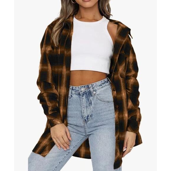 New Chyrii Womens Boyfriends Flannel Shirt Medium Black Brown Plaid Button Down - Picture 2 of 8